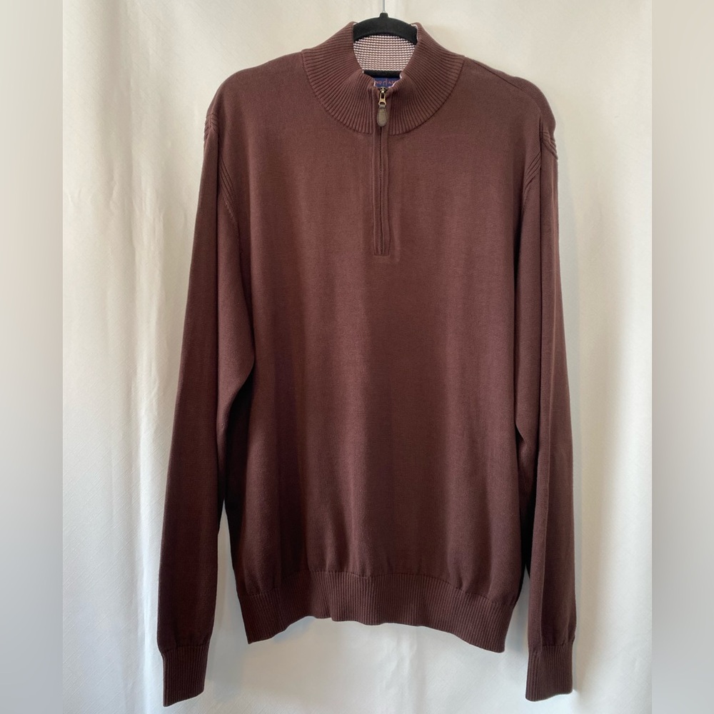 Blanq Azul Mens Dark Brown 100% Pima Cotton 1/4 Zip Sweater XL Quiet Luxury